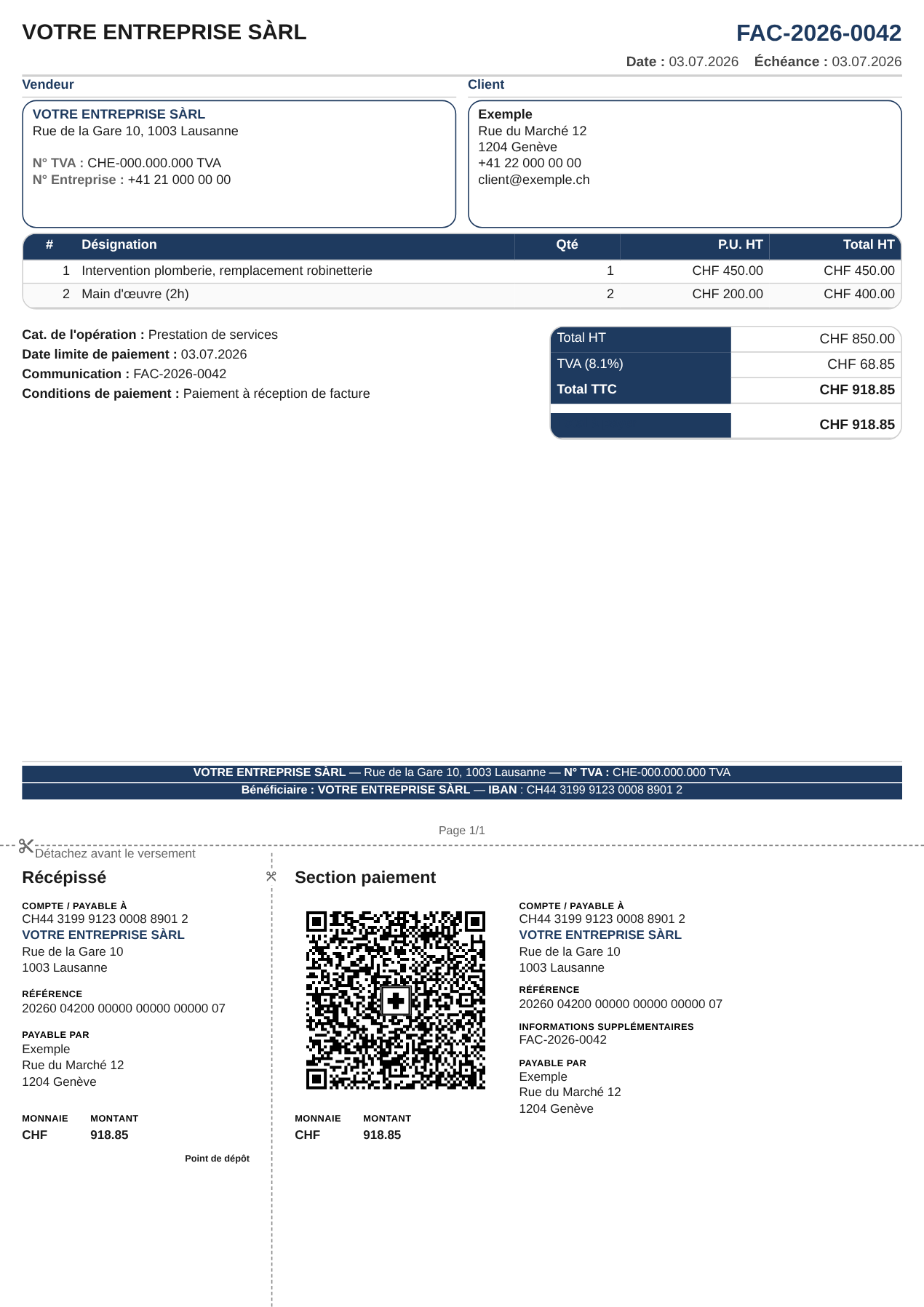 Facture QR suisse générée par Axoma
